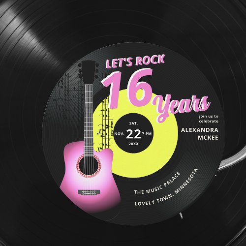 Lets Rock Hot Pink Yellow Guitar Music Sweet 16 Invitation