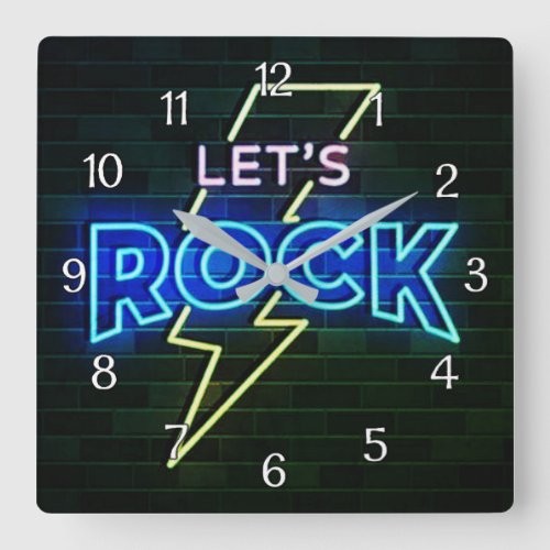 Lets Rock Lightning Bolt Square Wall Clock