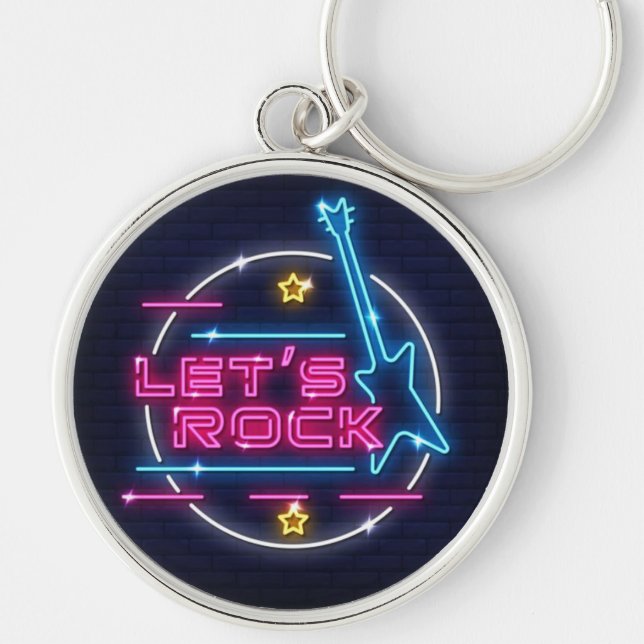 Let's Rock Retro Neon Round Keychain (Front)