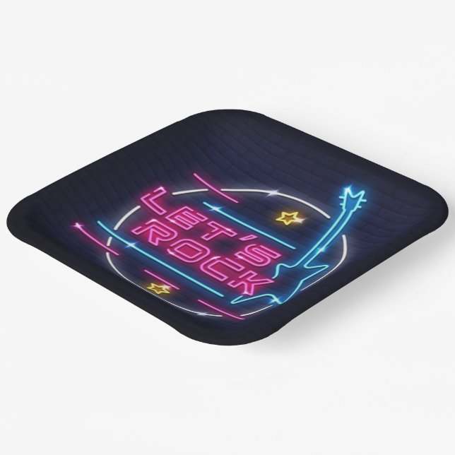 Let's Rock Retro Neon Square Paper Plates (Angled)