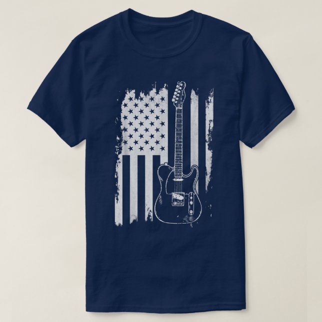 Lets Rock Rock n Roll Guitar Retro USA Flag Music  T-Shirt (Design Front)