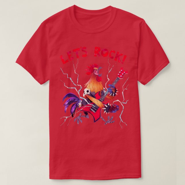Lets Rock Rooster Playing Heavy Metal Guitar Music T-Shirt (Design Front)