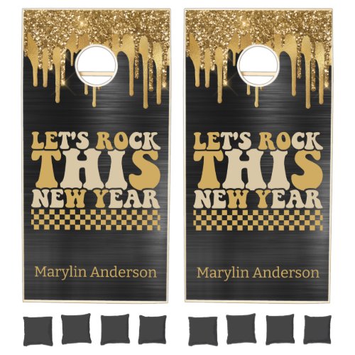 LETS ROCK THIS NEW YEAR BLACK  GOLD GLITTER DRIP CORNHOLE SET