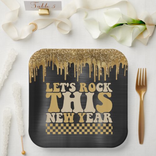 LETS ROCK THIS NEW YEAR BLACK  GOLD GLITTER DRIP PAPER PLATES