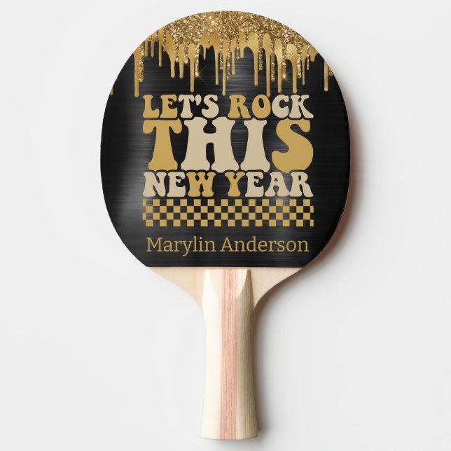 LET'S ROCK THIS NEW YEAR BLACK & GOLD GLITTER PING PONG PADDLE (Front)