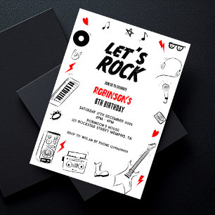 Let's Rock white and black Rock and Roll birthday Invitation