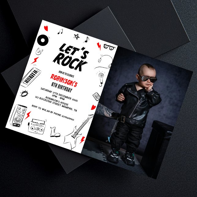 Let's Rock white black Rock n' Roll birthday photo Invitation (Creator Uploaded)