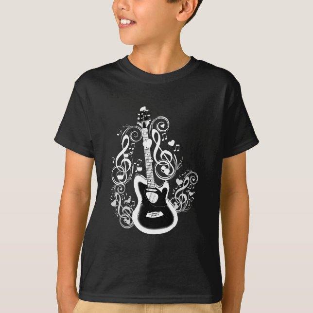 Let's Rock,White music notes&Guitar_ T-Shirt (Front)
