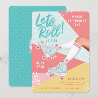 Lets Roll Fun Retro Throwback Rollerskating Vibe Invitation