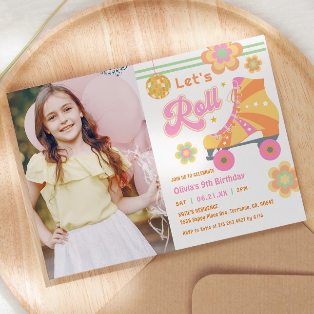 Let's Roll Girl Roller Skating Birthday Photo Invitation (Creator Uploaded)