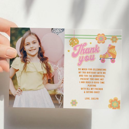 Lets Roll Girl Roller Skating Birthday Photo Thank You Card