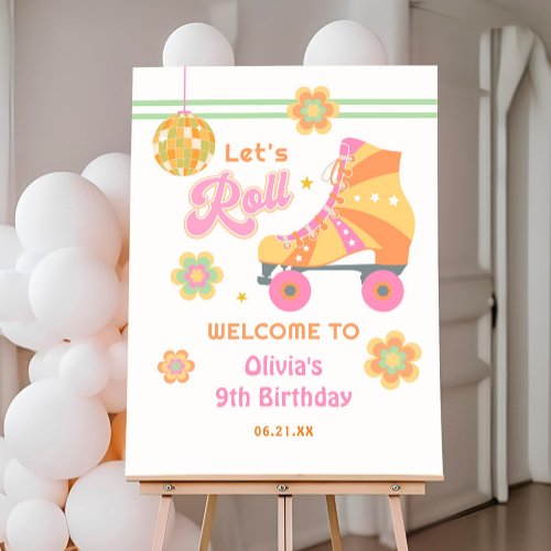 Lets Roll Girl Roller Skating Birthday Welcome Foam Board