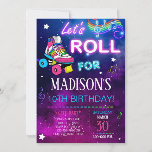 Let's Roll Girl Skate Birthday Invitation