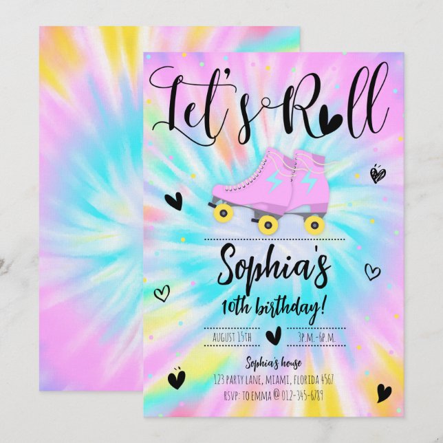 Let's Roll Girl Tie Dye Birthday Party Invitation (Front/Back)