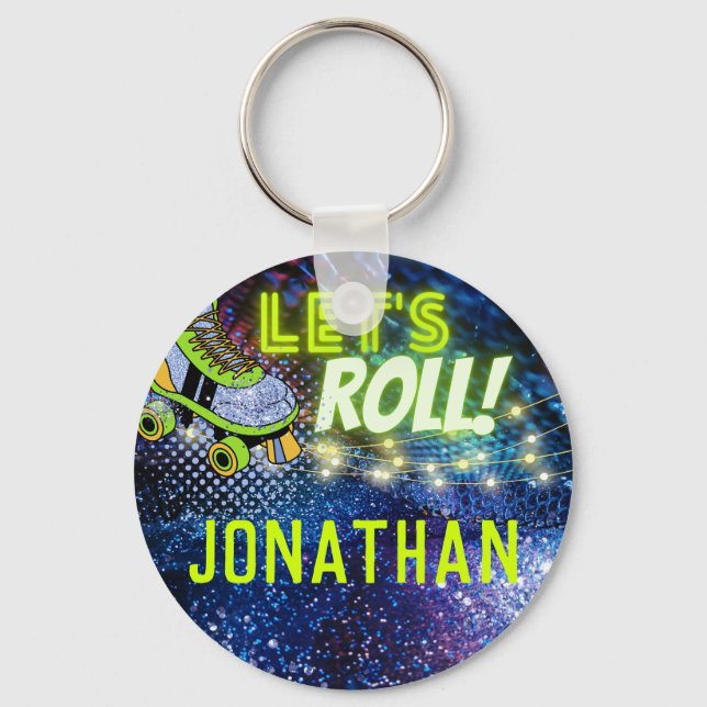 Let's Roll Glow Roller Skating Boys Party Favor Keychain (Front)