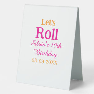 Let's roll happy 10th birthday add name retro pink table tent