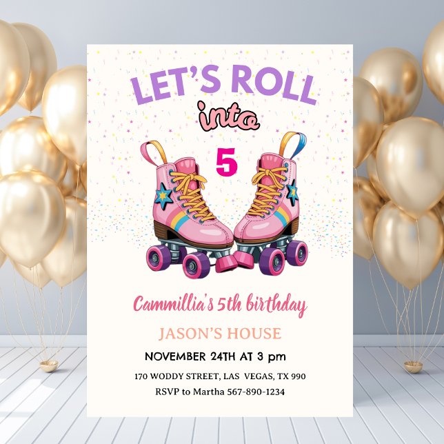 Let's Roll into 5 Retro Roller Skate Birthday  Invitation (Let's Roll into 5 Retro Roller Skate Birthday Invitation
)