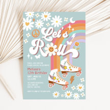 Let's Roll Retro Groovy Blue Roller Skate Birthday