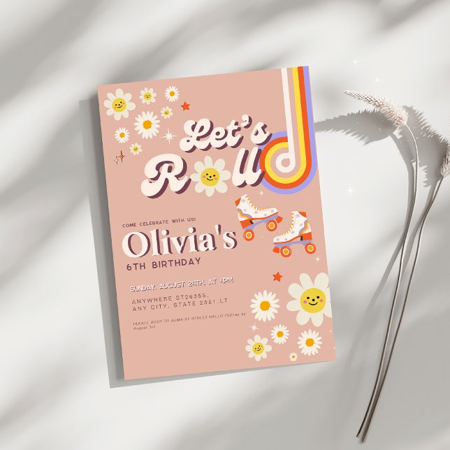 Let's Roll Retro Groovy Roller Skate Birthday Invitation (Creator Uploaded)