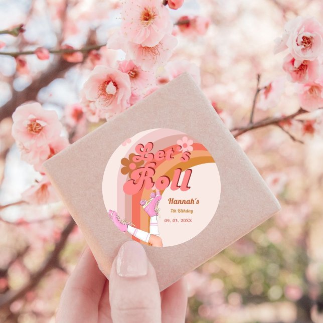 Let's Roll Retro Groovy Roller Skate Birthday Part Classic Round Sticker (Creator Uploaded)