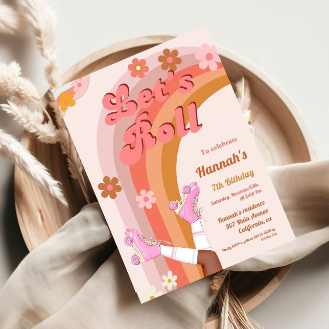 Let's Roll Retro Groovy Roller Skate Birthday Part Invitation (Creator Uploaded)