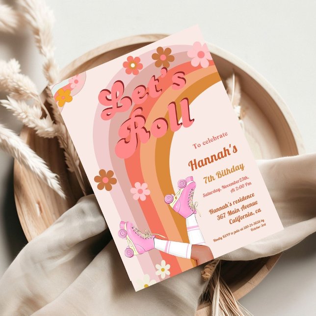 Let's Roll Retro Groovy Roller Skate Birthday Part Invitation (Creator Uploaded)