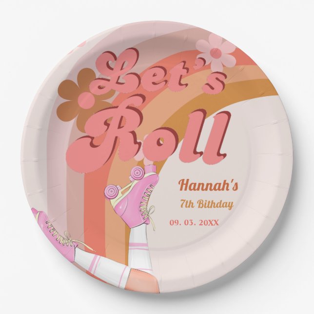 Let's Roll Retro Groovy Roller Skate Birthday Part Paper Plates (Front)
