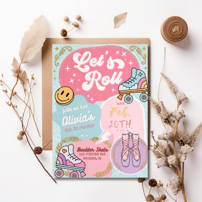 Let's Roll Retro Pastel Roller Skate Ballet Birthd Invitation (Creator Uploaded)