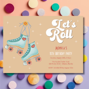 Let's roll retro roller skate birthday party invitation
