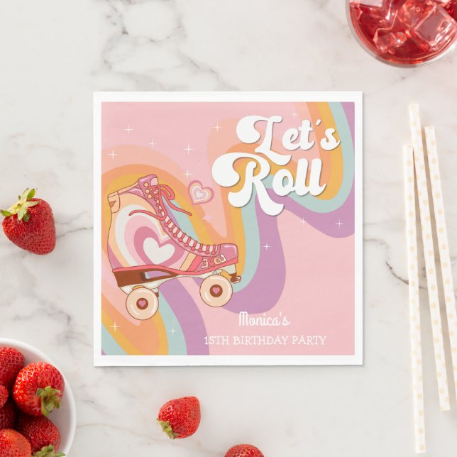 Let's roll retro roller skate birthday party napkins (Insitu)