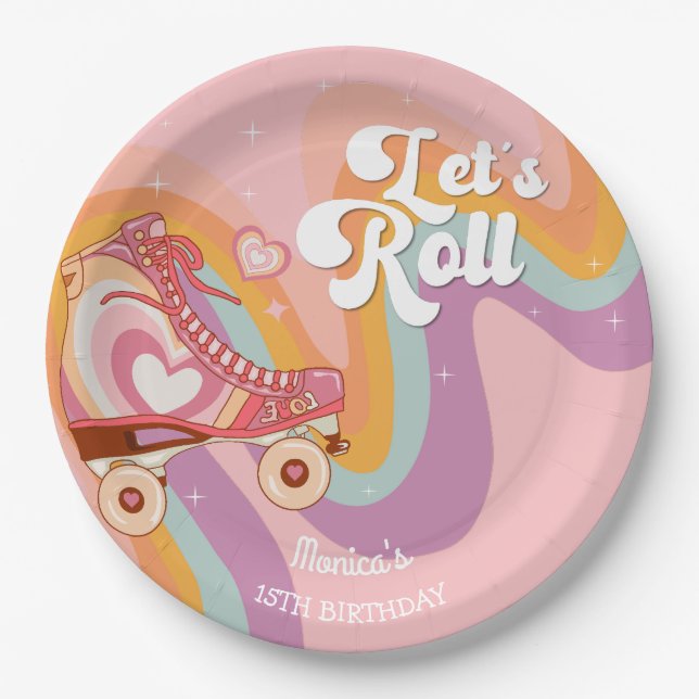Let's roll retro roller skate birthday party paper plates (Front)
