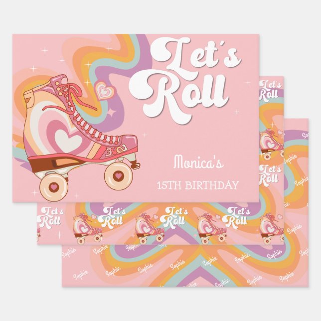 Let's roll retro roller skate birthday wrapping paper sheets (Set)