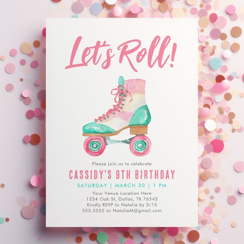 Lets Roll Retro Roller Skate Girl Birthday Invitation