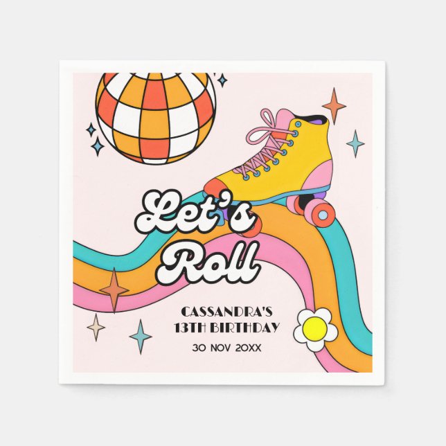 Let's Roll Retro Roller Skating Girl Birthday  Napkins (Front)