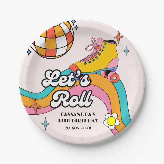 Let's Roll Retro Roller Skating Girl Birthday  Paper Plates (Front)