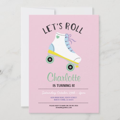 Lets Roll Roller Skate Girls Pink Party Invite
