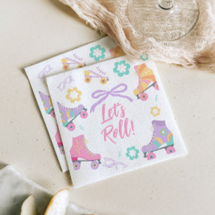 Lets Roll Roller Skate Retro Girl Birthday Pastel Napkins