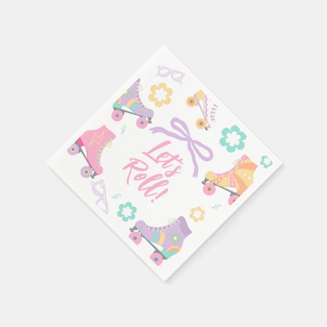 Lets Roll Roller Skate Retro Girl Birthday Pastel Napkins (Corner)
