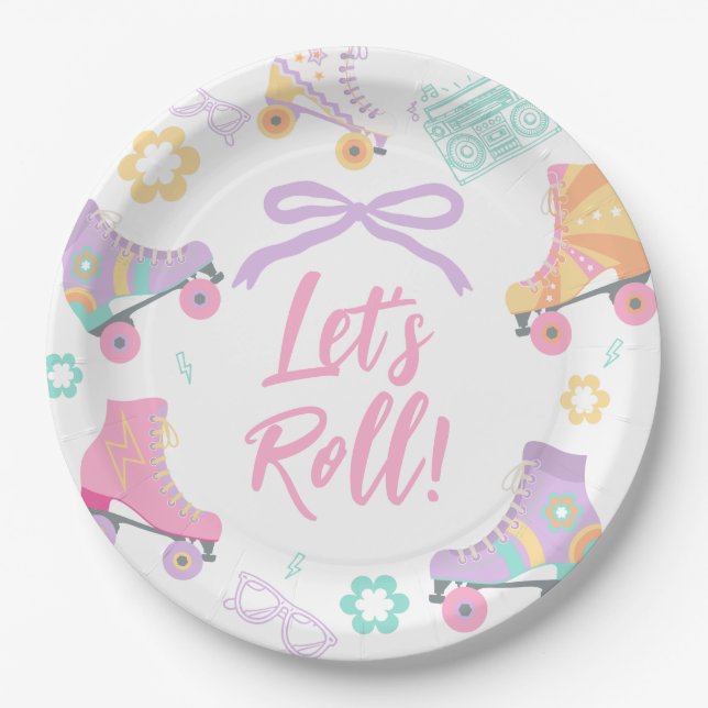 Lets Roll Roller Skate Retro Girl Birthday Pastel Paper Plates (Front)