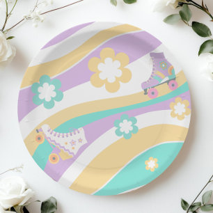 Lets Roll Roller Skate Retro Girl Birthday Pastel Paper Plates