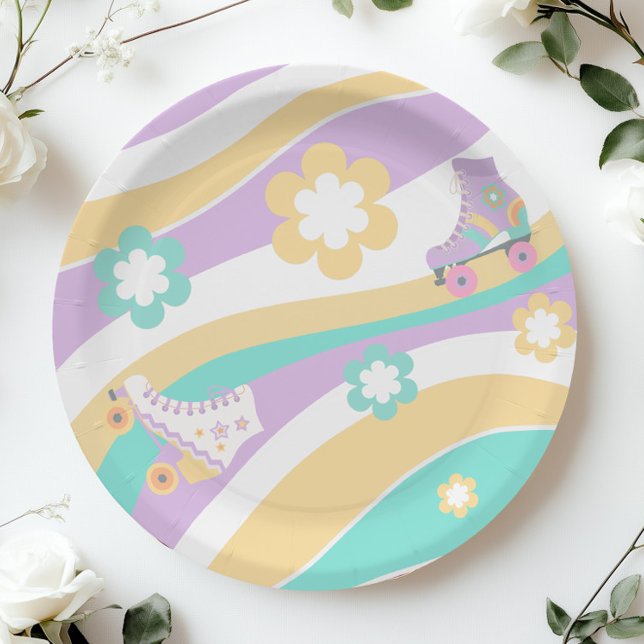 Lets Roll Roller Skate Retro Girl Birthday Pastel Paper Plates (Creator Uploaded)