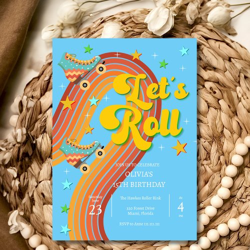 Lets roll roller skate retro rainbow invitation