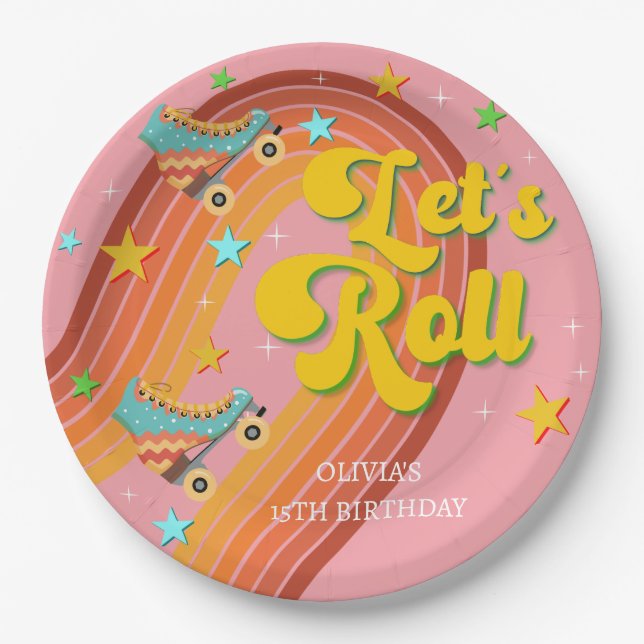 Let's roll roller skate retro rainbow paper plates (Front)