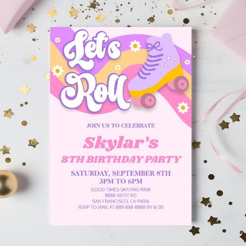 Lets Roll Roller Skate Skating Birthday Party Invitation