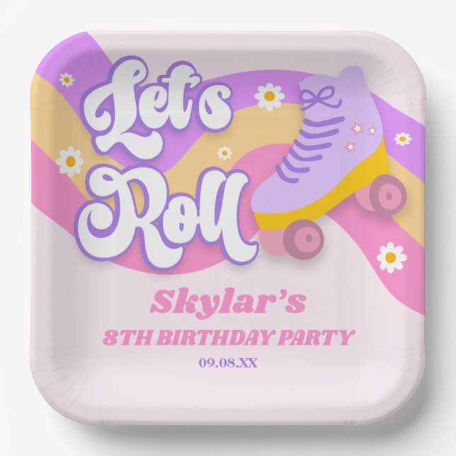 Let's Roll Roller Skate Skating Birthday Party Paper Plates (Front)