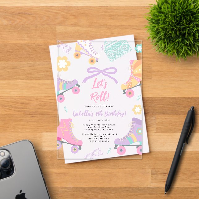 Lets Roll Roller Skate Skating Bow Girl Birthday Acrylic Invitations (Insitu (Invitation Card))