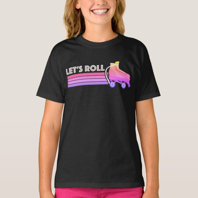 Lets Roll Roller Skating Retro Neon Pink Stripes   T-Shirt (Front)