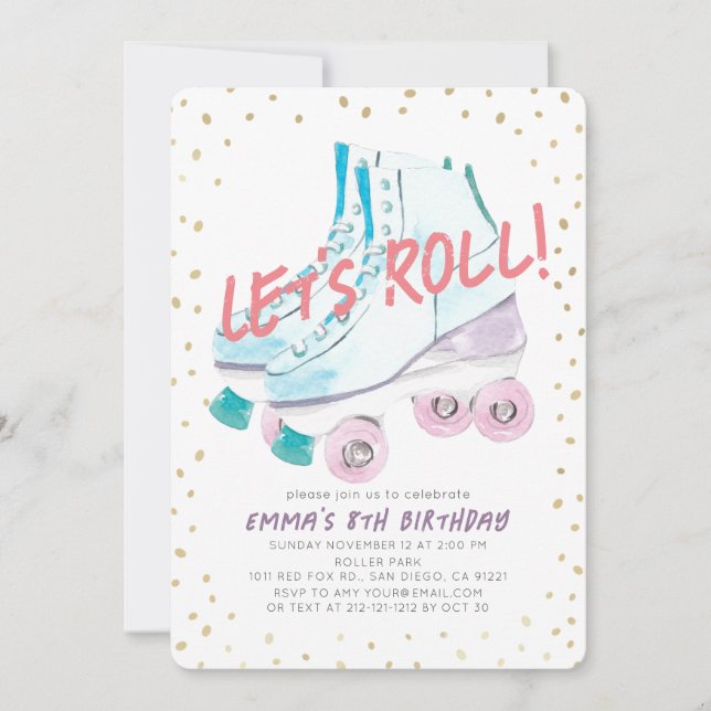 Let's Roll Roller Skating Watercolor Girl Birthday Invitation (Front)