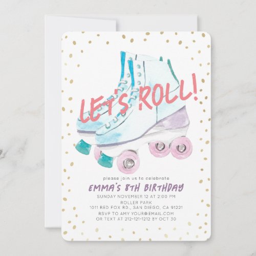 Lets Roll Roller Skating Watercolor Girl Birthday Invitation