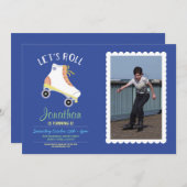 Let's Roll Rollerskate Blue Birthday Party Photo Invitation (Front/Back)
